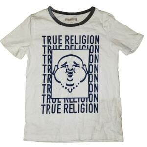 True Religion Boys Size 6 White Navy Ringer Buddha Graphic T-Shirt Vtg Y2K